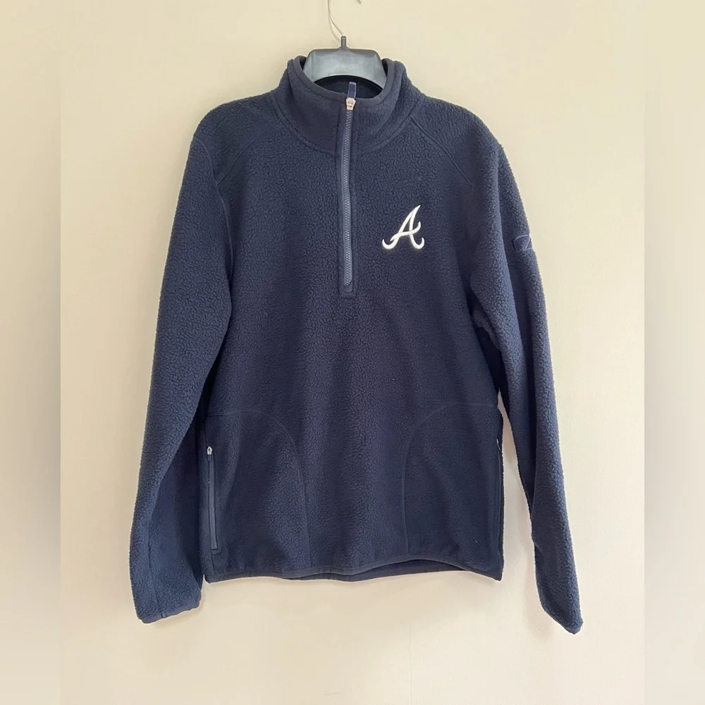 NWT Cutter & Buck Atlanta Braves Cascade Eco Fleece Mens 1/4 Zip Jacket, Blue, S
